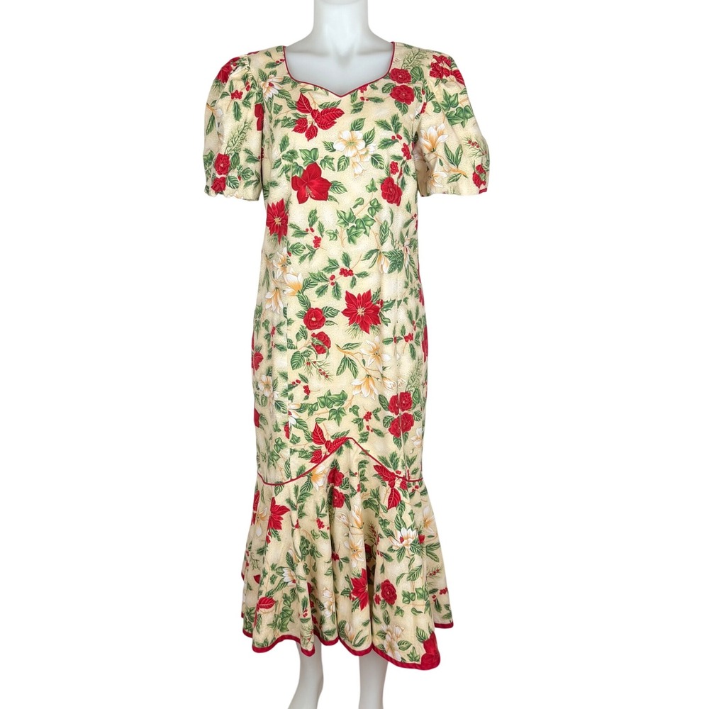 Vintage Hilo Hattie Hawaiian Christmas Poinsettia Floral Mermaid Midi Dress